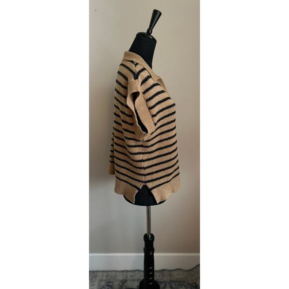 PROMESA Women's Cut Tan Black Striped Collared V Neck Knit Sweater Size M - Picture 4 of 8